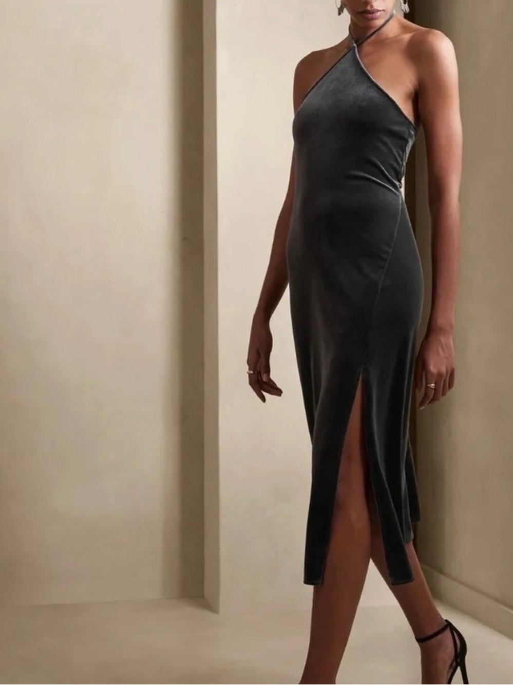 Banana Republic Velvet Charcoal Gray Midi Dress with Thigh Slit